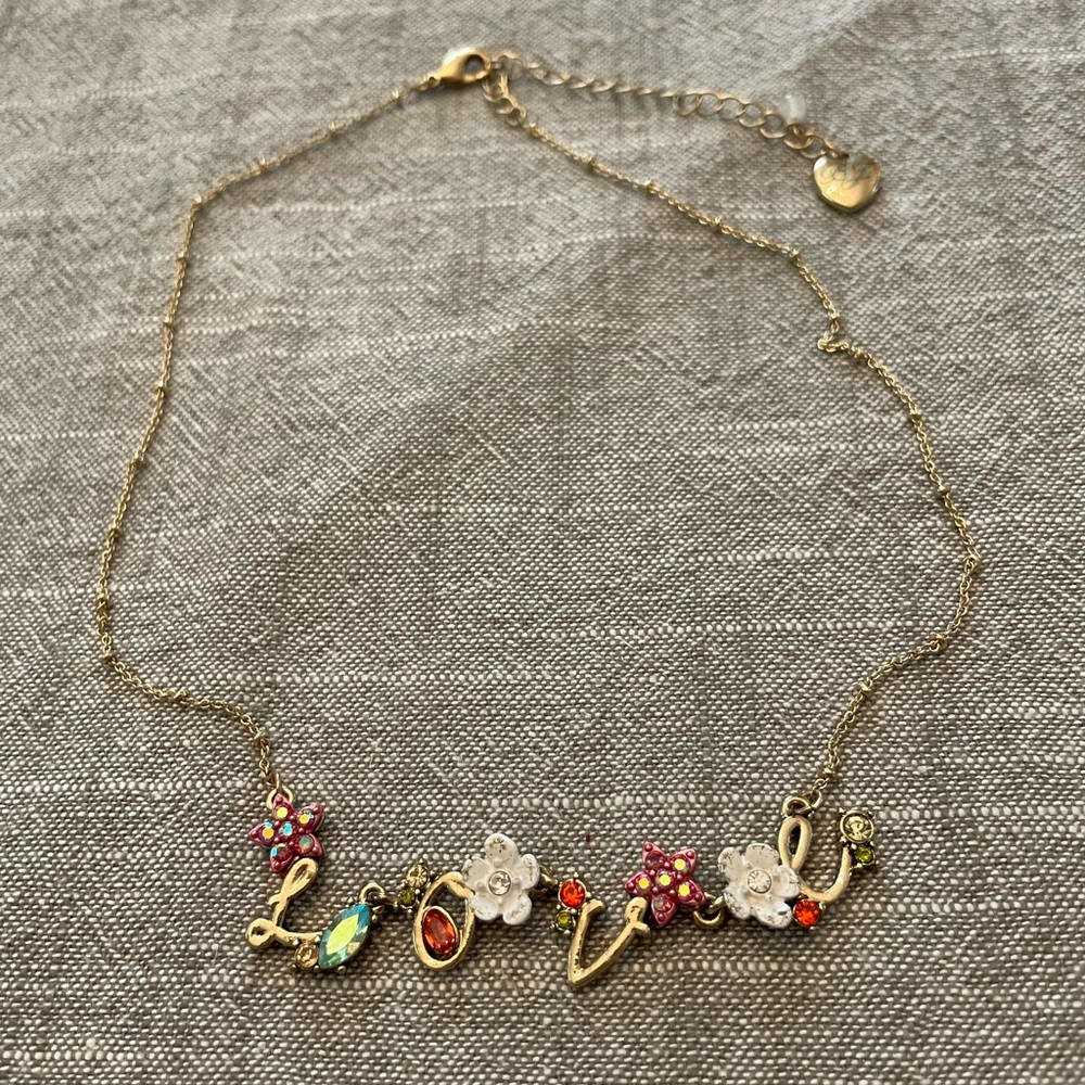 Vintage Betsey Johnson Gold and Pink Love Necklace with Nature-Inspired Charms - Picture 6 of 12